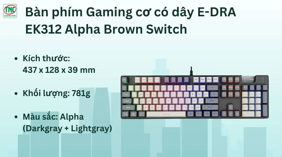 Bàn phím Gaming cơ có dây E-DRA EK312 Alpha Brown Switch