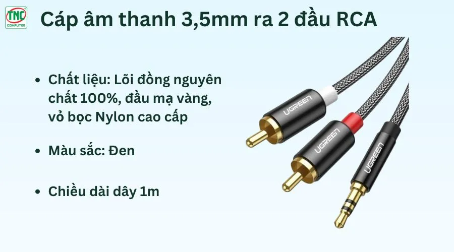 Cáp âm thanh 3,5mm ra 2 đầu RCA dài 1m Ugreen 60240