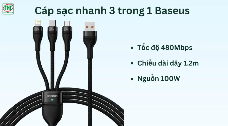 Cáp sạc nhanh 3 trong 1 Baseus Flash Series Ⅱ 100W dài 1.2m CASS030001	