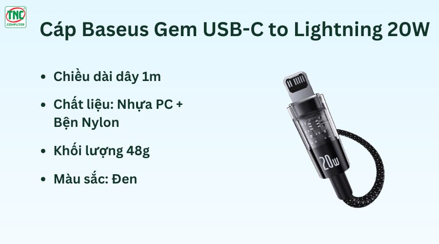 Cáp Baseus Gem USB-C to Lightning 20W P10373001111-00