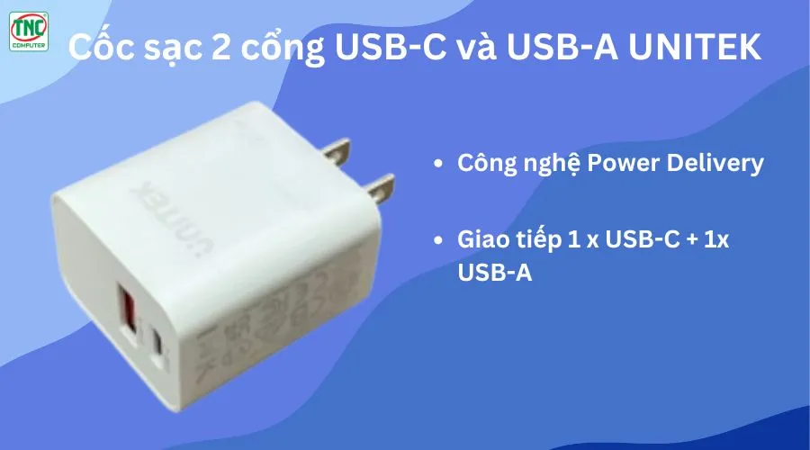 Cốc sạc 2 cổng USB-C và USB-A UNITEK P1124AWH01-US