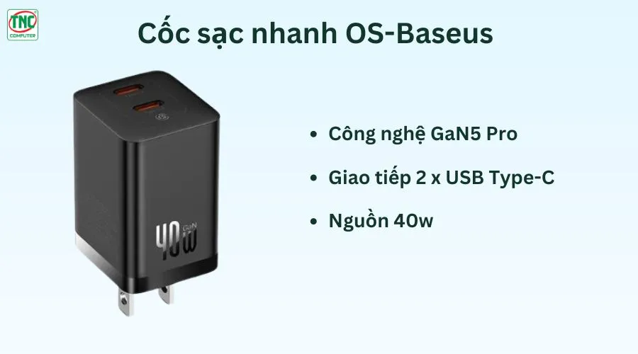 Cốc sạc nhanh OS-Baseus GaN5 Pro C+C 40W US Black CCGP180201	