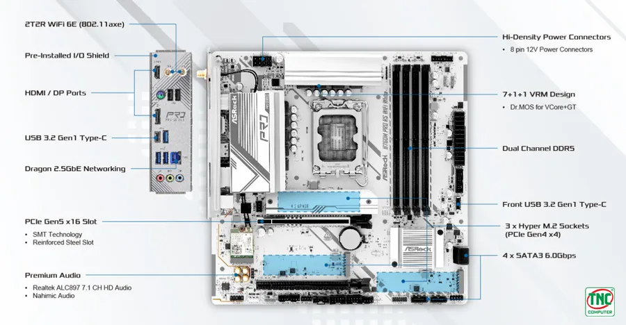 Mainboard ASRock B760M Pro RS Wifi White sở hữu cổng kết nối đa dạng