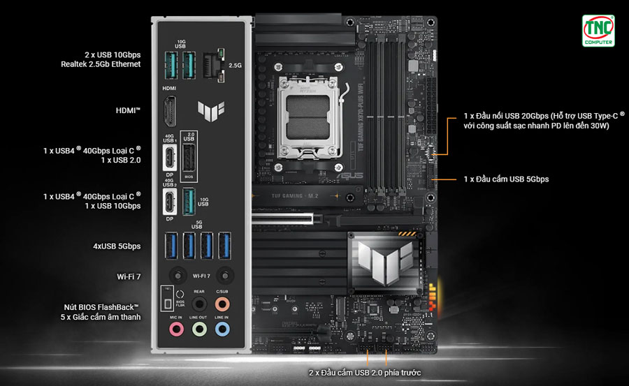 Mainboard Asus TUF GAMING X870-PLUS WIFI có cổng kết nối đa dạng