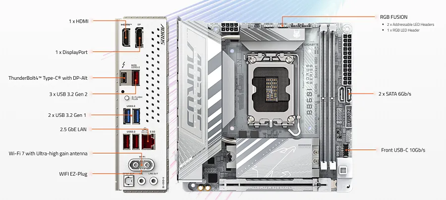 Mainboard Gigabyte B860I AORUS PRO ICE (2 x DDR5/ 128GB/ LGA 1851/ Mini-ITX)	