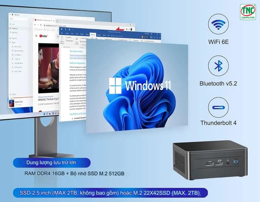 Máy bộ Asus Mini PC NUC 12 PRO Tall I7 1260P có bộ nhớ lưu trữ rộng lớn