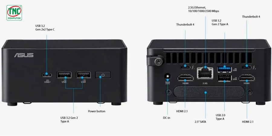 Máy bộ Asus Mini PC NUC 14 PRO Tall RNUC14RVHU700001I có cổng kết nối đa dạng