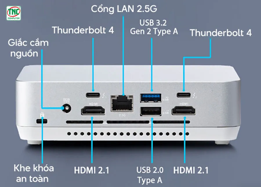 Máy bộ Asus Mini PC NUC 14th Revel Canyon White U5 (Cord) sở hữu cổng kết nối đa dạng