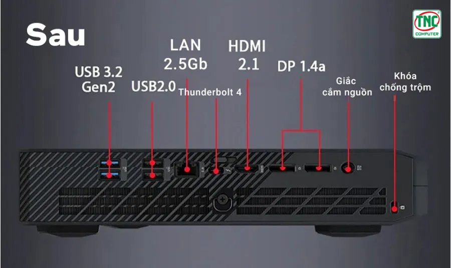 Máy bộ Asus Mini PC ROG NUC RNUC14SRKU710001I có cổng kết nối mặt sau linh hoạt