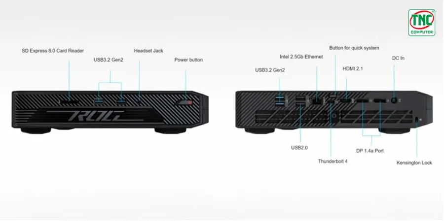 Máy bộ Asus Mini PC ROG NUC RNUC14SRKU9189A1I có cổng kết nối đa dạng