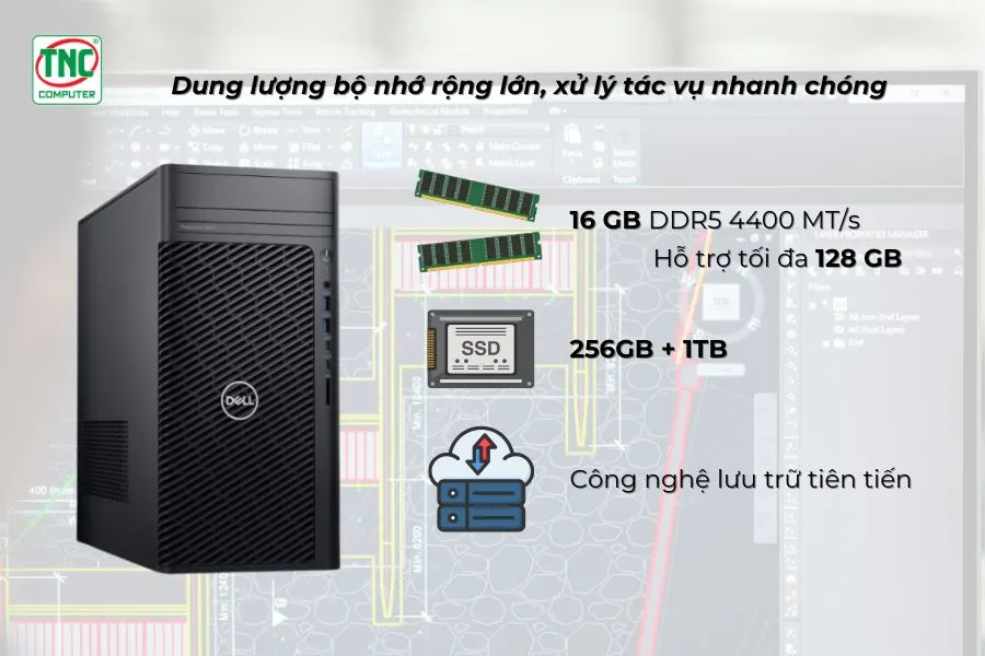 Máy trạm Dell Workstation Precision 3660 Tower 42PT3660D23 sở hữu dung lượng bộ nhớ rộng lớn