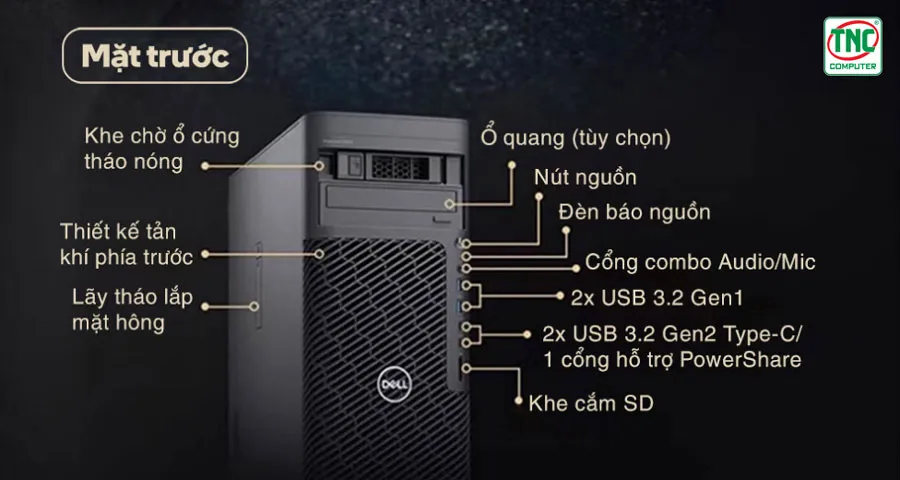 Cổng kết nối đa dạng của mặt trước máy bộ Dell Workstation Precision 5860 Tower 42PT586004