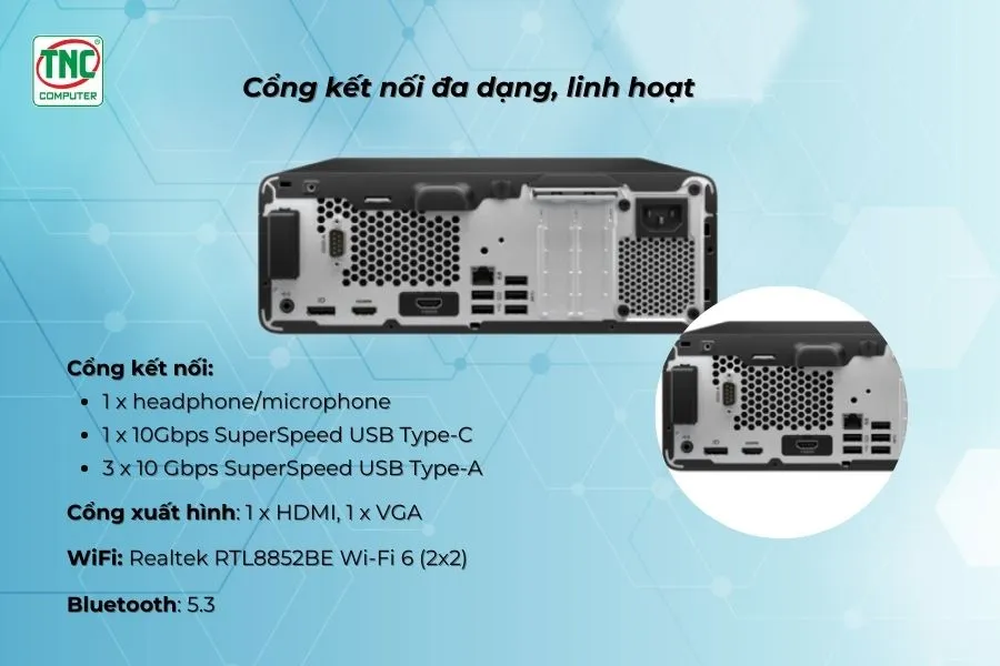 Máy bộ HP Pro SFF 400 G9 9H1T9PT sở hữu cổng kết nối đa dạng, hiện đại