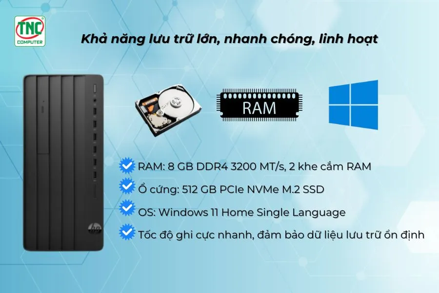 Máy bộ HP Pro Tower 280 G9 PCI AT4K1PT có dung lượng bộ nhớ lớn