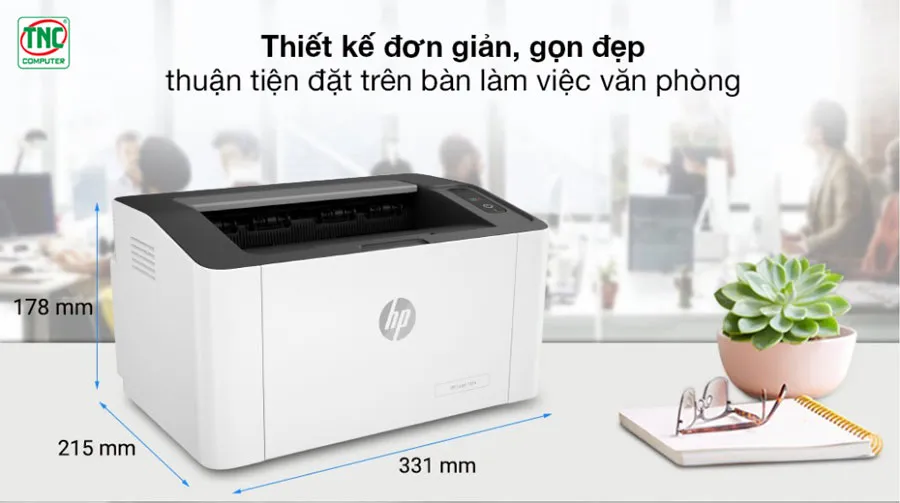 Máy in HP Laser 107A (4ZB77A) được thiết kế nhỏ gọn, tinh tế