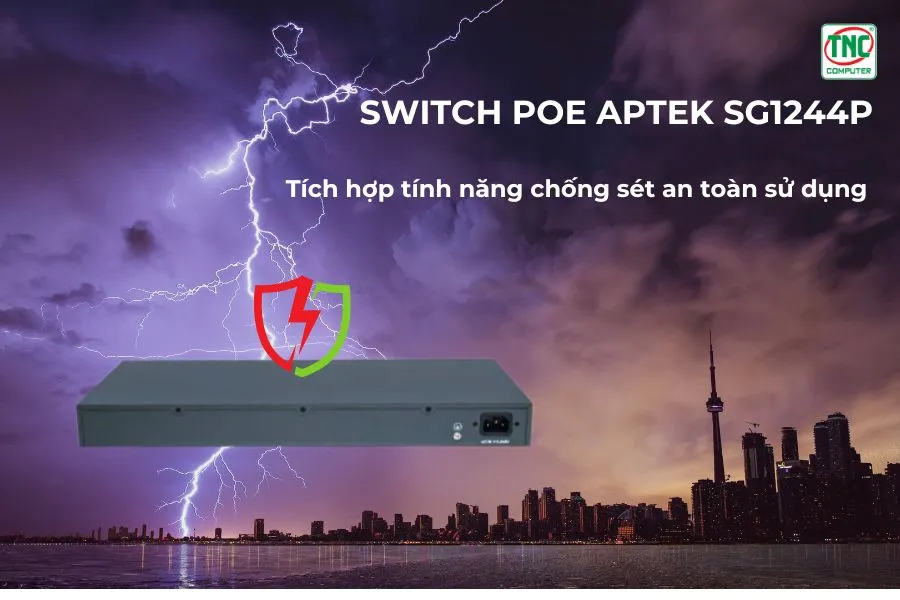 Switch PoE APTEK SG1244P (24 port/ 1 Gbps) tích hợp tính năng chống sét an toàn 