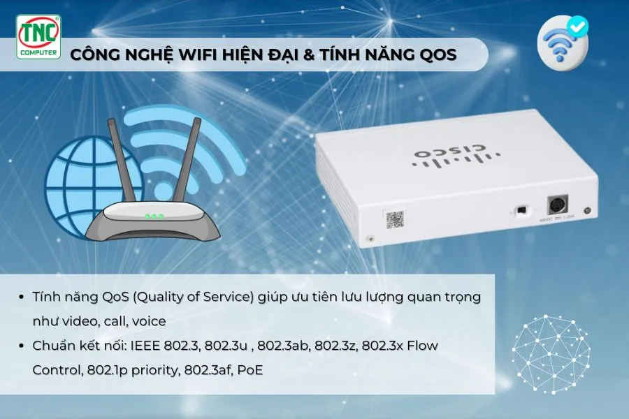 Switch PoE Cisco CBS110-8PP-D tích hợp công nghệ WiFi hiện đại và tính năng QoS