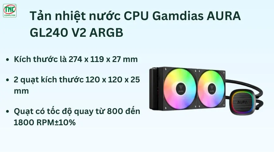 Tản nhiệt nước CPU 2 Fan AIO Gamdias AURA GL240 V2 ARGB Black WCAURAGL240V2BLGA	