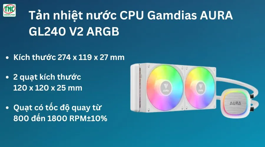 Tản nhiệt nước CPU 2 Fan AIO Gamdias AURA GL240 V2 ARGB White WCAURAGL240V2WHGA	