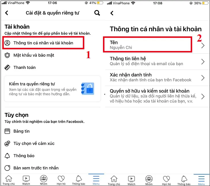 Bấm vào mục Thông tin cá nhân và tài khoản > Chọn mục Tên