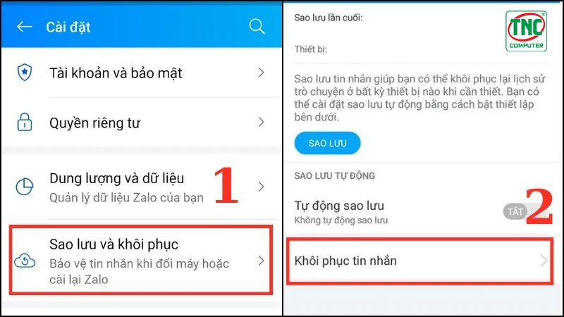 Chọn Sao lưu và Khôi phục > Chọn vào Khôi phục tin nhắn