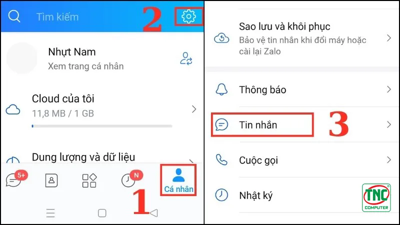 Nhấn vào biểu tượng bánh răng “Cài đặt” > Chọn mục Tin nhắn