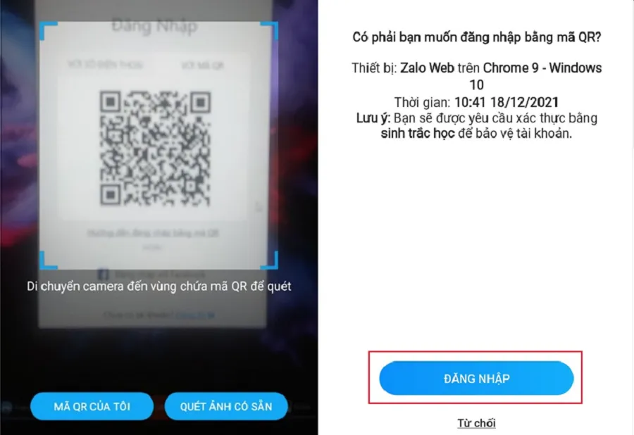 Chọn Quét mã QR > Đăng Nhập