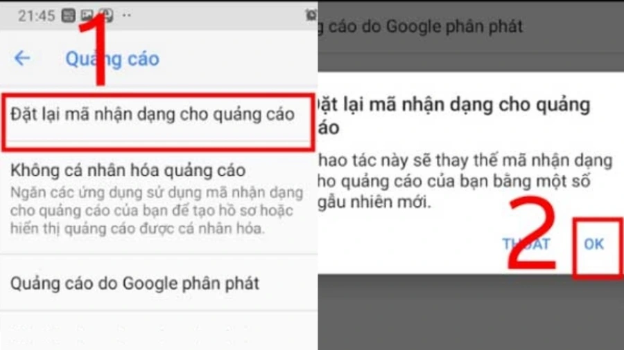 Nhấn OK để xác nhận việc tắt chế độ không cá nhân hóa quảng cáo