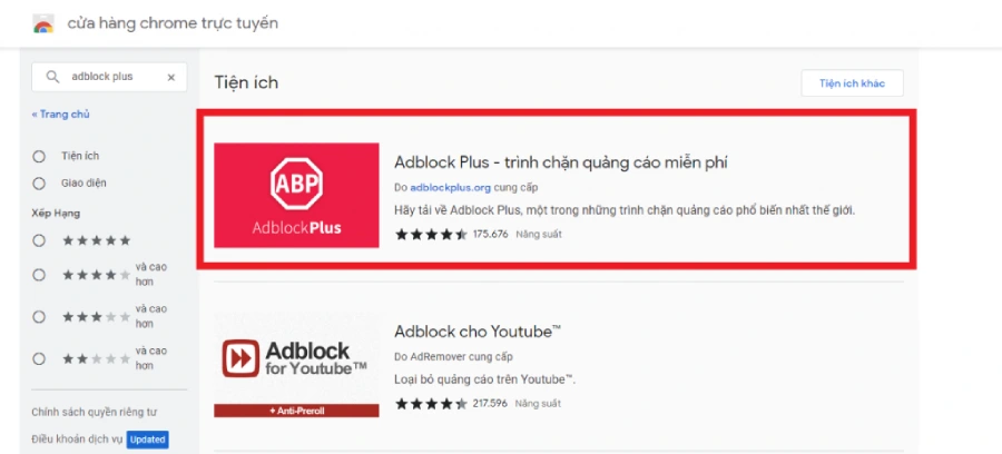 Tìm kiếm Adblock Plus trong thanh tìm kiếm