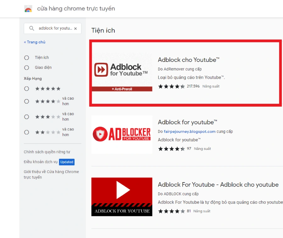 Tìm kiếm Adblock for YouTube trong thanh tìm kiếm