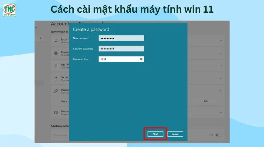 cài mật khẩu cho máy tính win 11