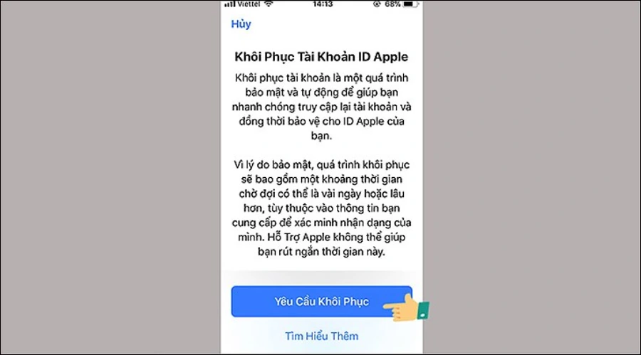 Sau khi nhập mật khẩu khóa màn hình, bạn chọn Yêu cầu khôi phục