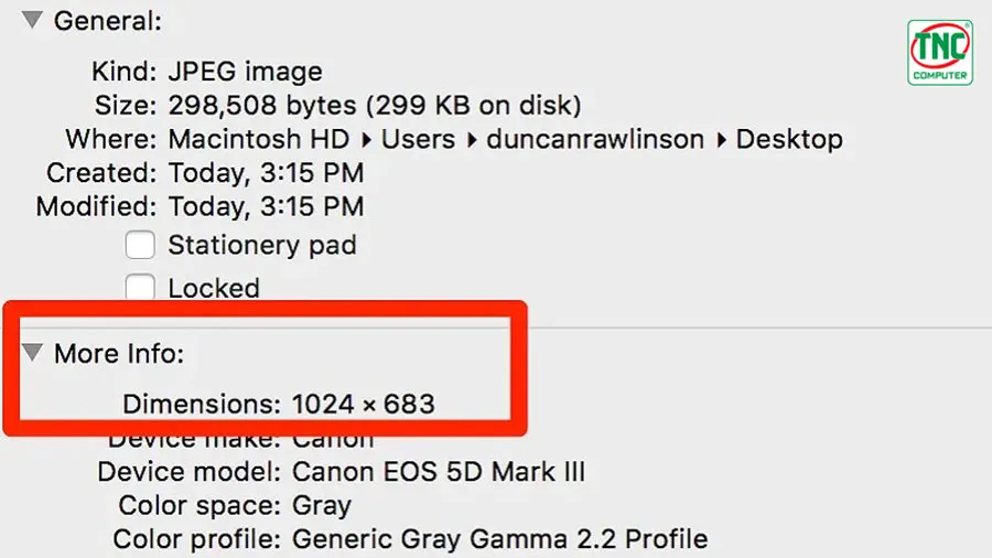 Xem được kích thước và độ phân giải nằm trong tab “More Info”