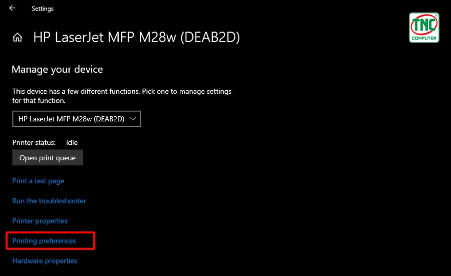 Bấm chọn “Printing preferences”