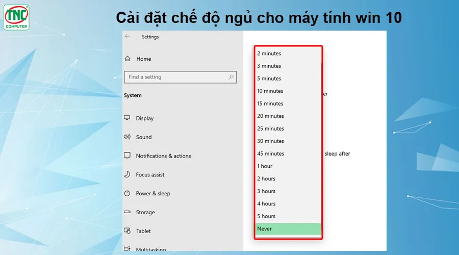 cài đặt chế độ ngủ cho máy tính win 10