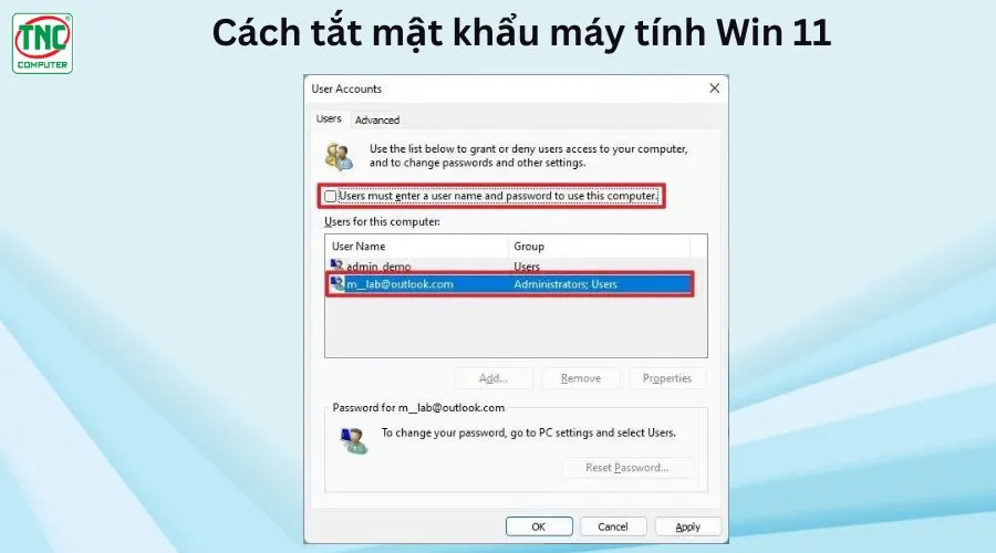 xóa mật khẩu máy tính win 11