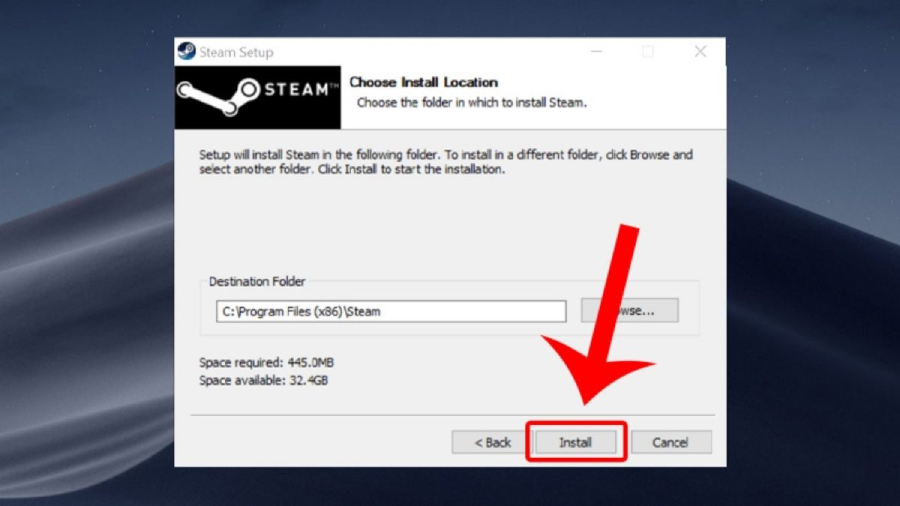 Nhấn vào INSTALL STEAM để bắt đầu tải ứng dụng