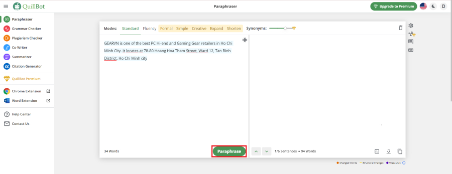 Nhấn Paraphrase để Quillbot viết lại câu