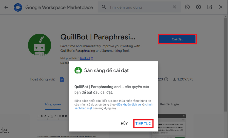 Nnhấn Tiếp tục (Continue) để cấp quyền cho Quillbot