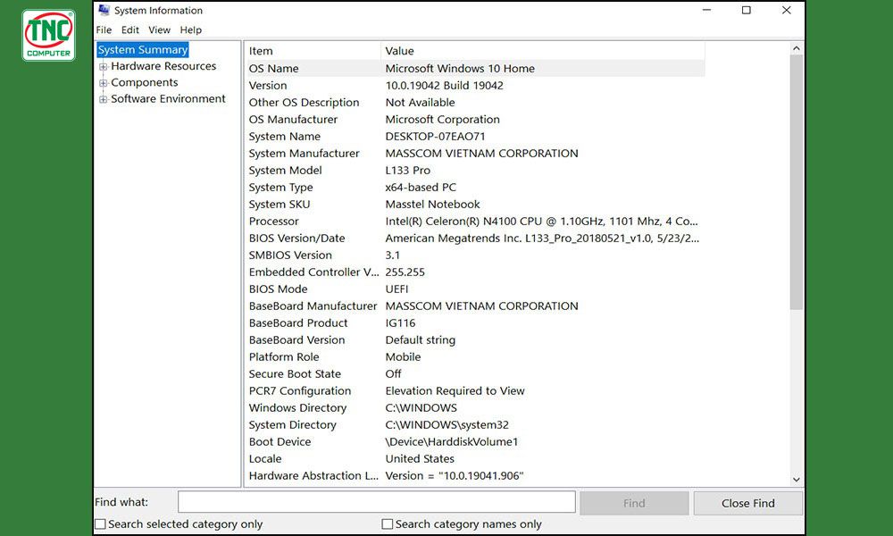 Xem cấu hình máy tính ở cửa sổ System Information.