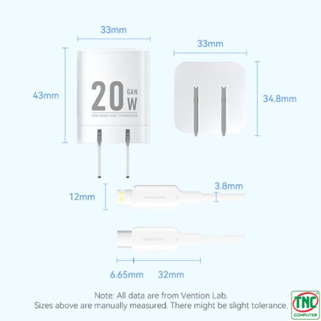 Bộ combo củ sạc + cáp sạc 1 cổng USB-C to Lightning Vention GaN White TZFEPB0-US-02