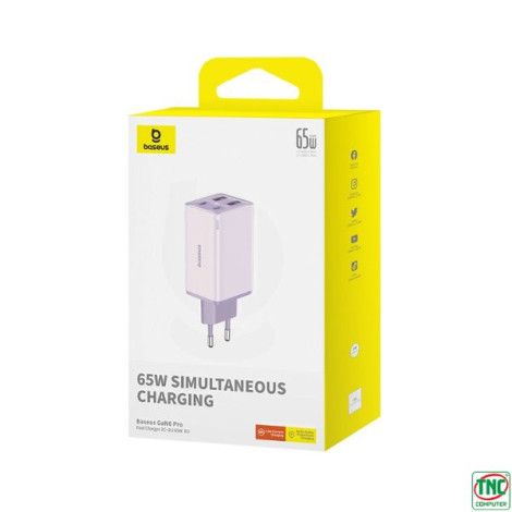 Cốc sạc đa năng OS-Baseus GaN6 Pro 65W EU Star Purple P10162701533-00 (kèm cáp sạc Type-C to Type-C 100W dài 1m)