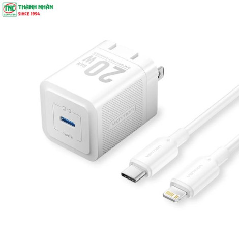 Bộ combo củ sạc + cáp sạc 1 cổng USB-C to Lightning Vention GaN White TZFEPB0-US-02