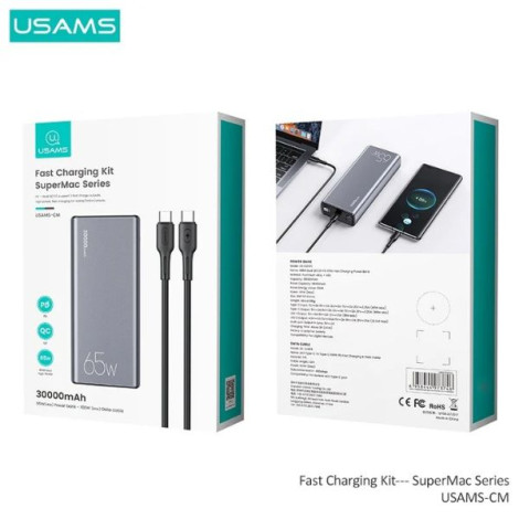 Sạc dự phòng USAMS CM Fast Charging Kit PB59 65W 30000mAh SuperMac Series Black (CMXLOGTC01)