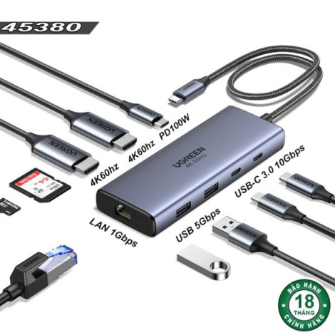 Hub đa năng USB Type-C 10 trong 1 4K60Hz tốc độ 10Gbps Ugreen 45380